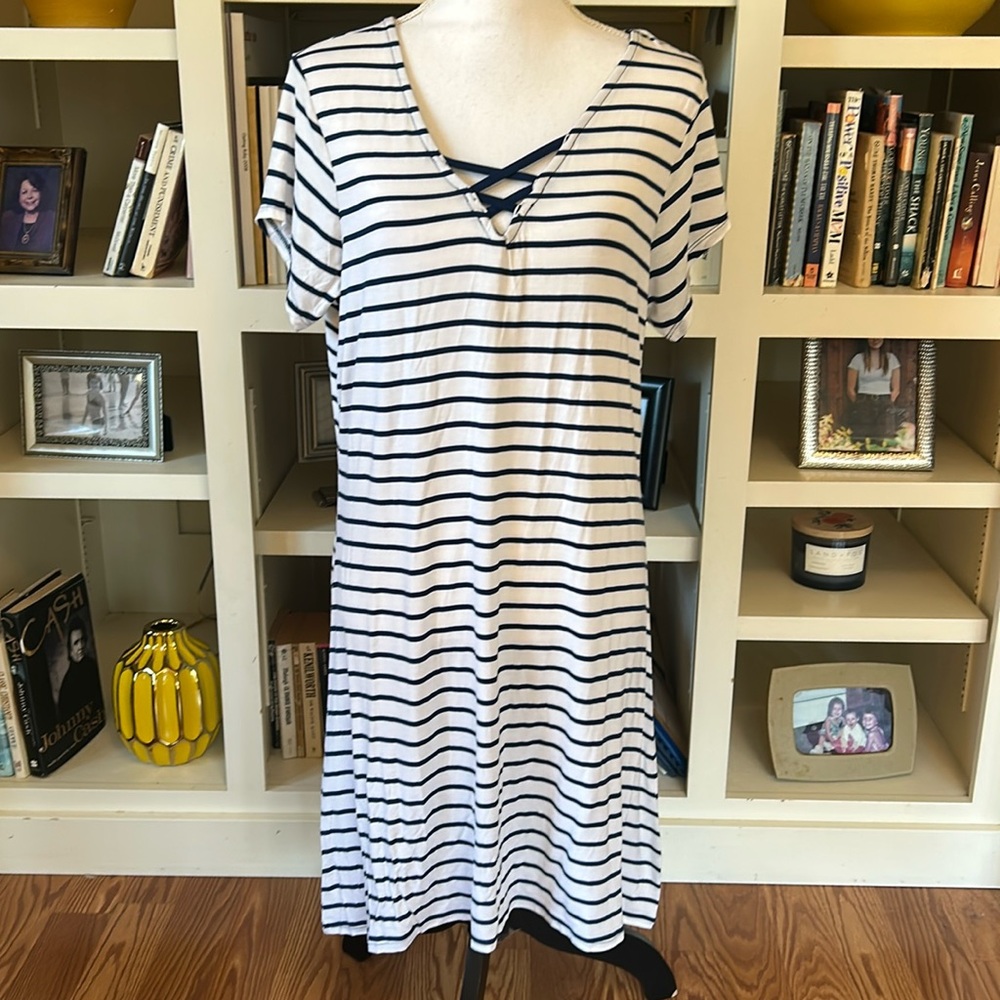 NWT Koy Resort Blue & White Stripe‎ Santa Monica Criss Cross Dress Size L…